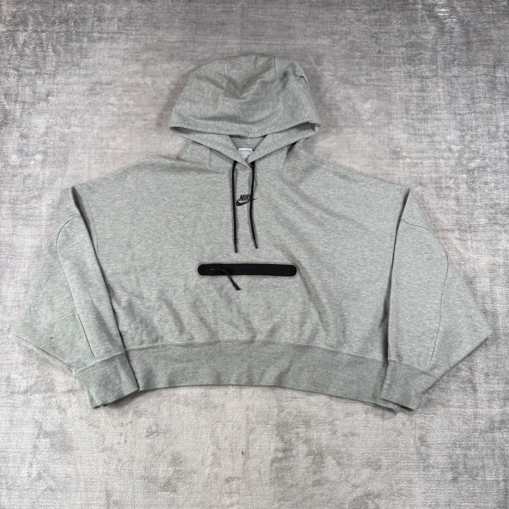 Nike Hoodie Women Large Grey Tech Fleece Cropped Oversized Zip Pocket Sweatshirt